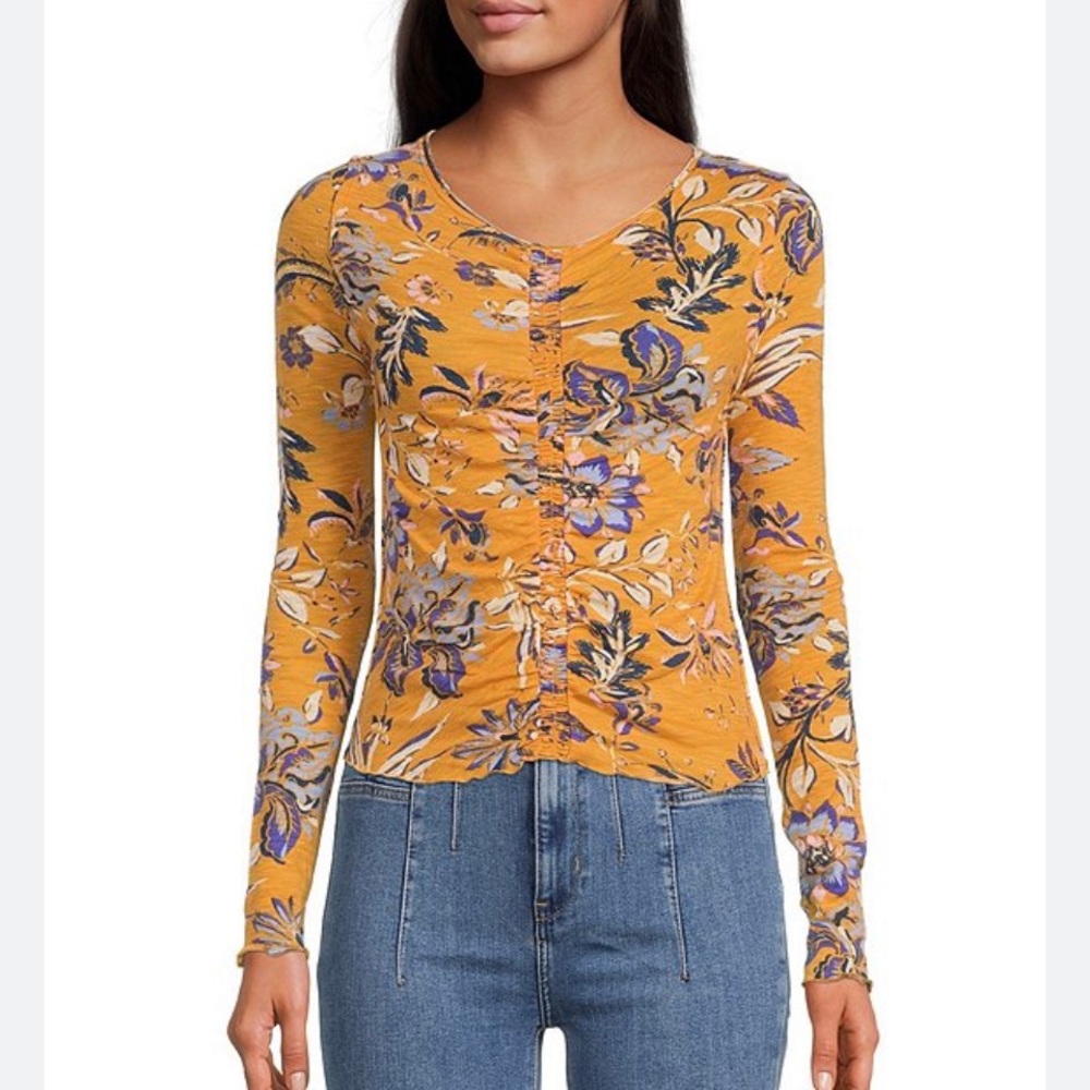 Free People Yellow Dreamed of You Floral Print Long Sleeve Top Size Small NWT